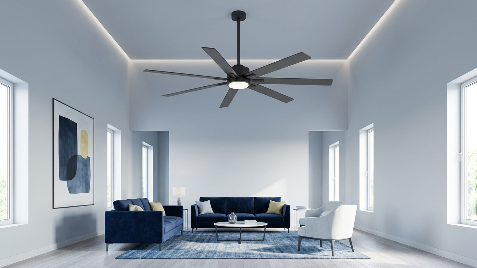 Breezary 42004 lighted ceiling fan showing installed height below a high ceiling