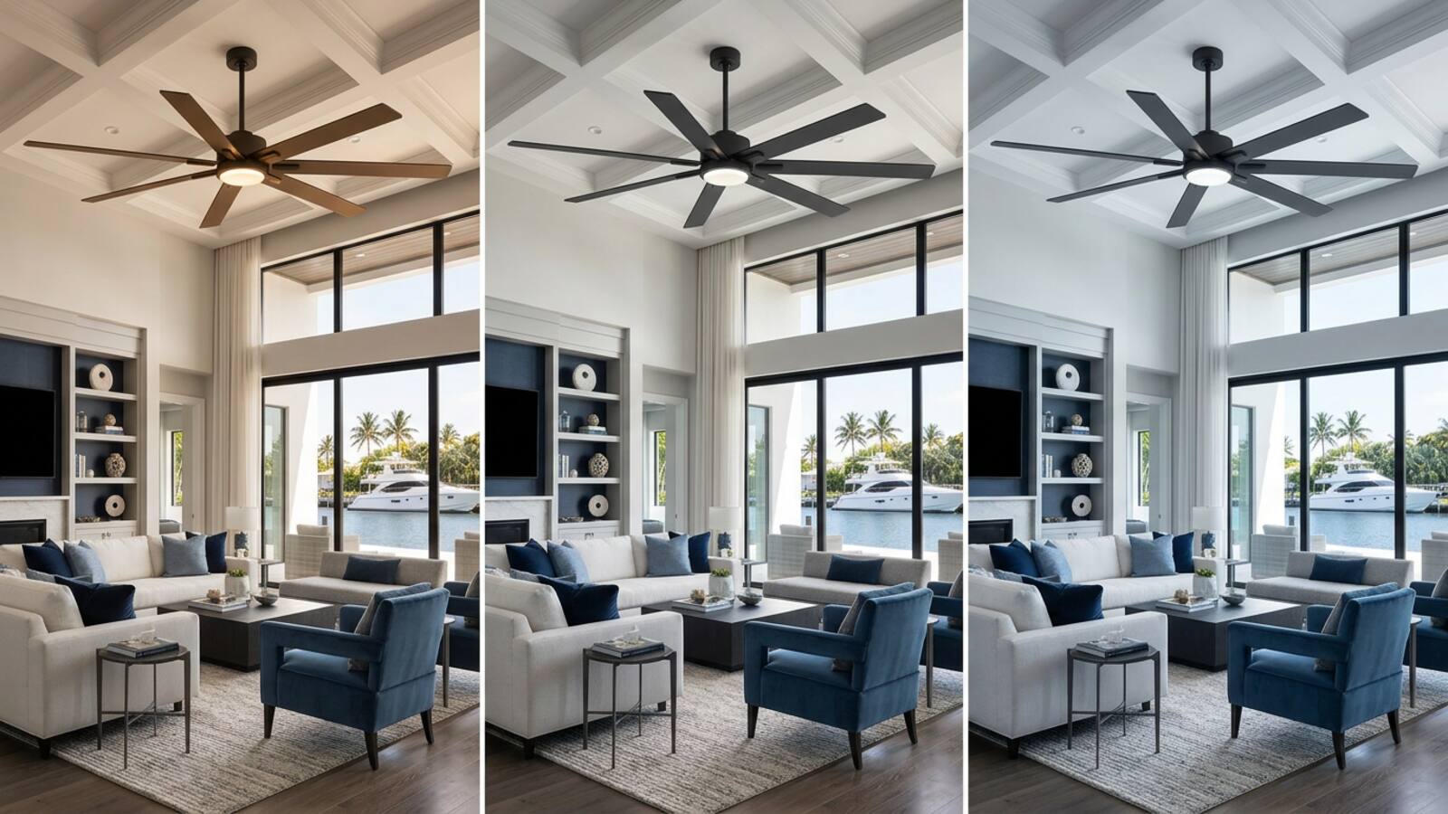 Breezary 42004 large ceiling fan demonstrating different LED color temperature settings