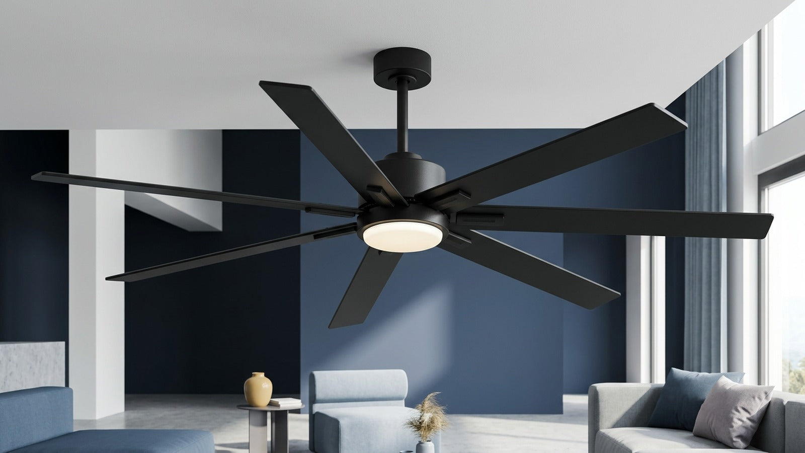 Breezary 42004 seven-blade ceiling fan with light in a high-ceiling room