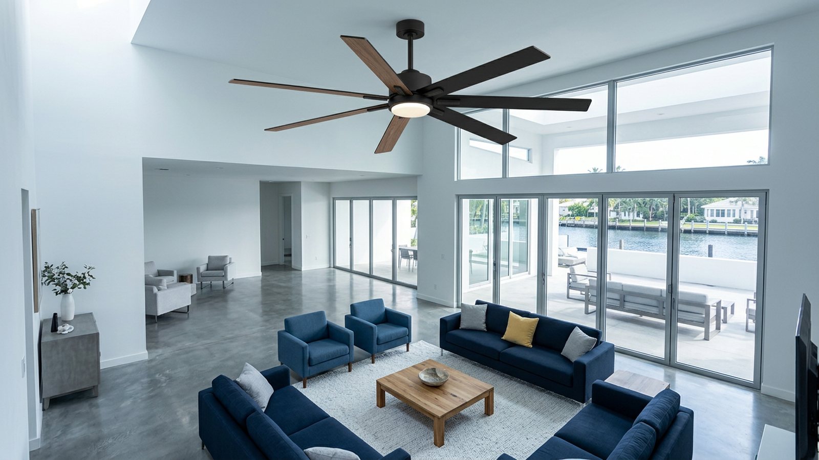 Large high-ceiling room layout with a Breezary 42004 ceiling fan and light