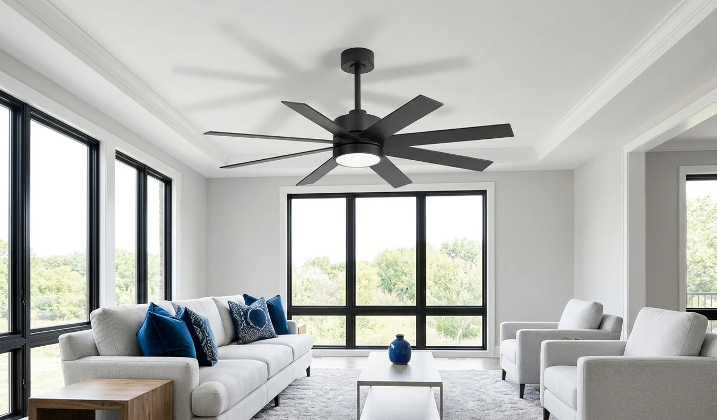 Breezary 40042-BK 52 inch ceiling fan with light shown in a room-size comparison for 48 inch, 52 inch and 60 inch ceiling fans