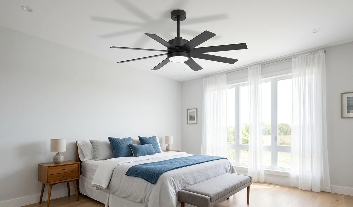 Breezary 40042-BK 52 inch ceiling fan with light installed in a bright residential bedroom with coordinated blue and neutral furnishings