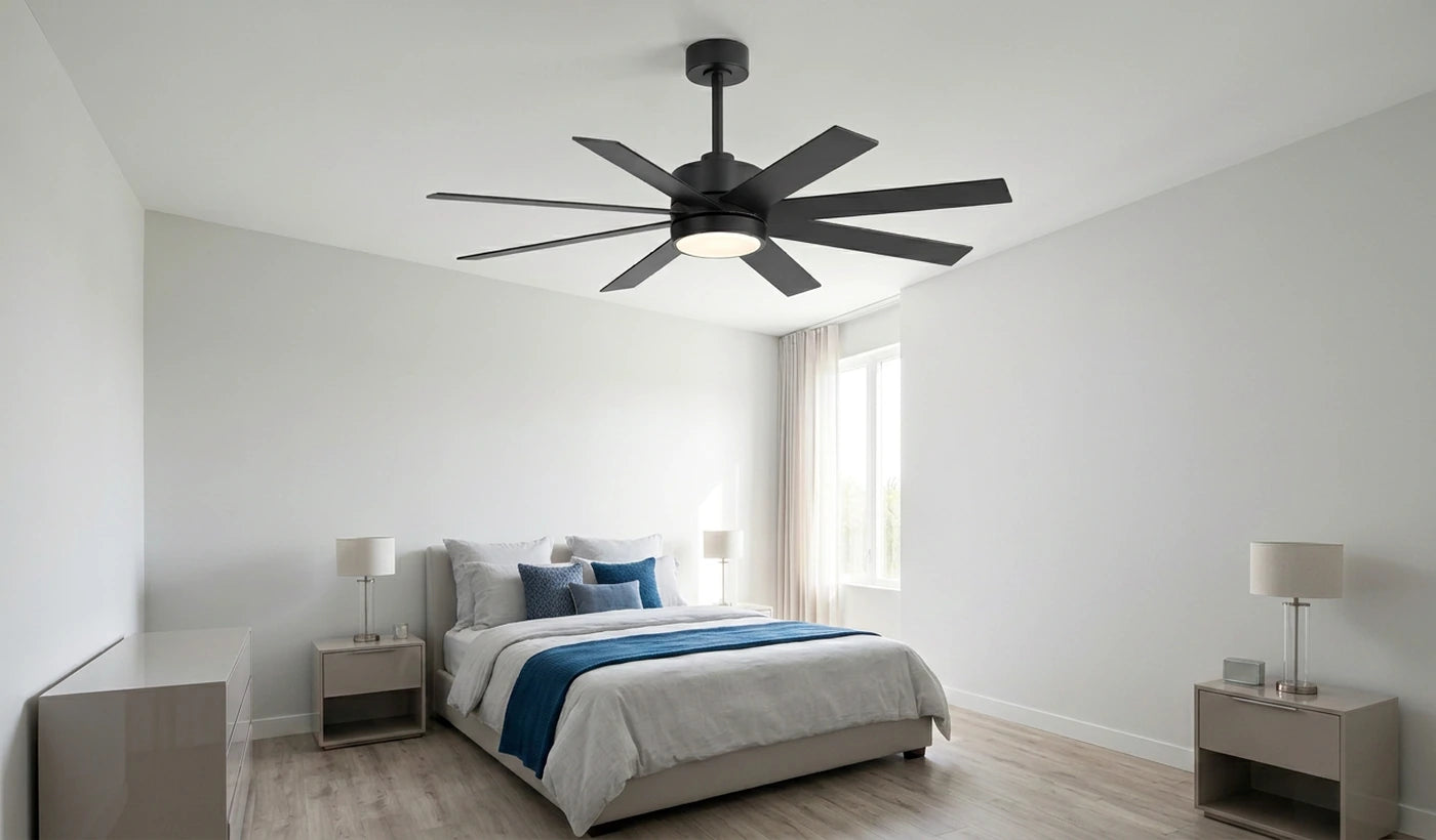 Breezary 40042-BK 52 inch ceiling fan with light installed in a medium-sized bedroom with visible room layout and ceiling clearance