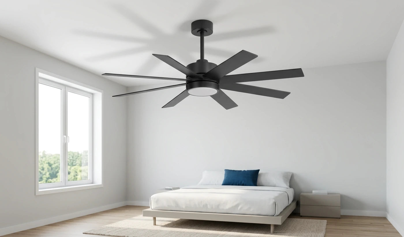 Breezary 40042-BK 52 inch ceiling fan with light showing blade span, motor housing, light fixture and installed height