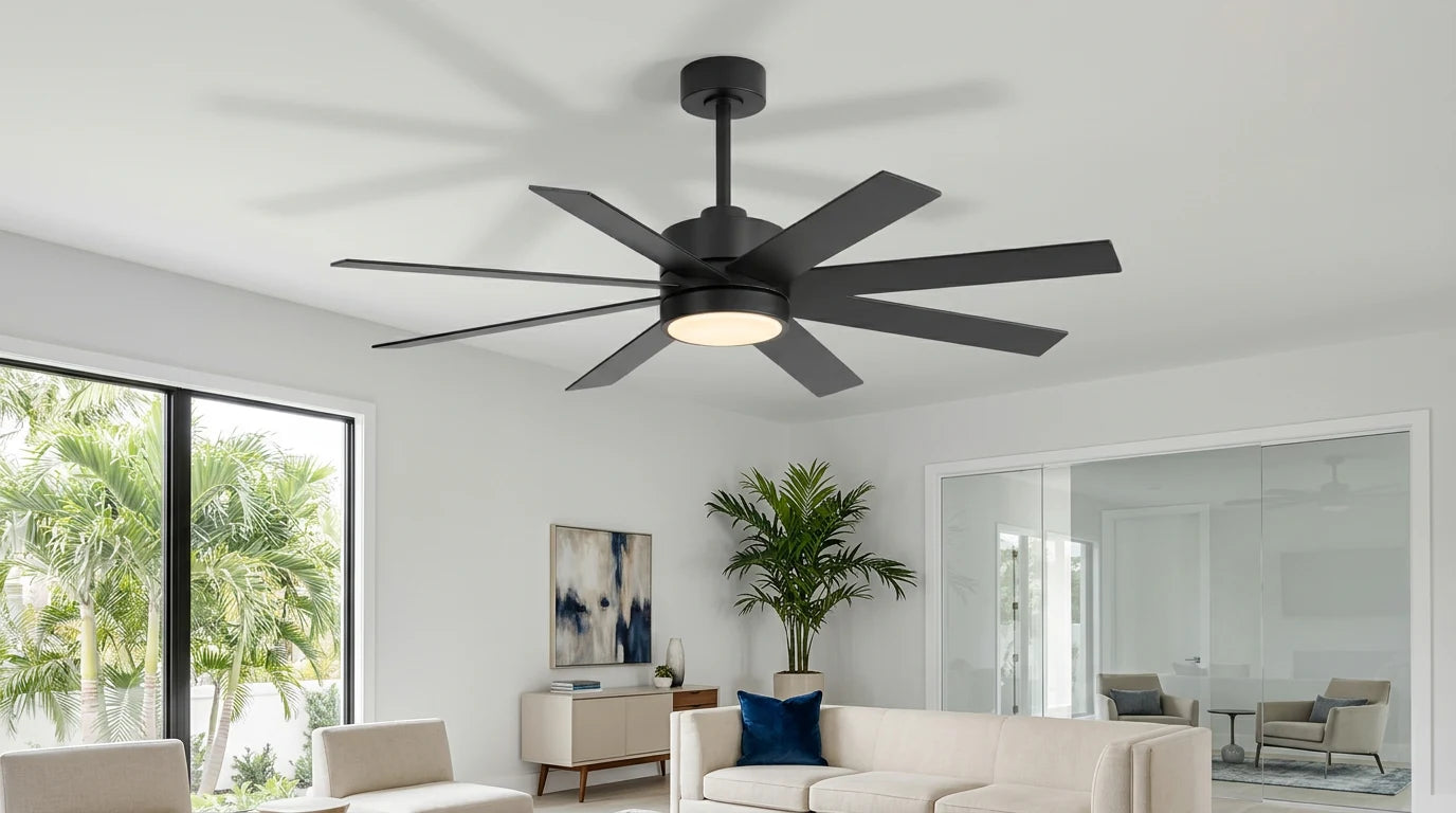 Breezary 40042-BK 52 inch ceiling fan with light showing its actual lighting fixture and complete blade design in a bright living room