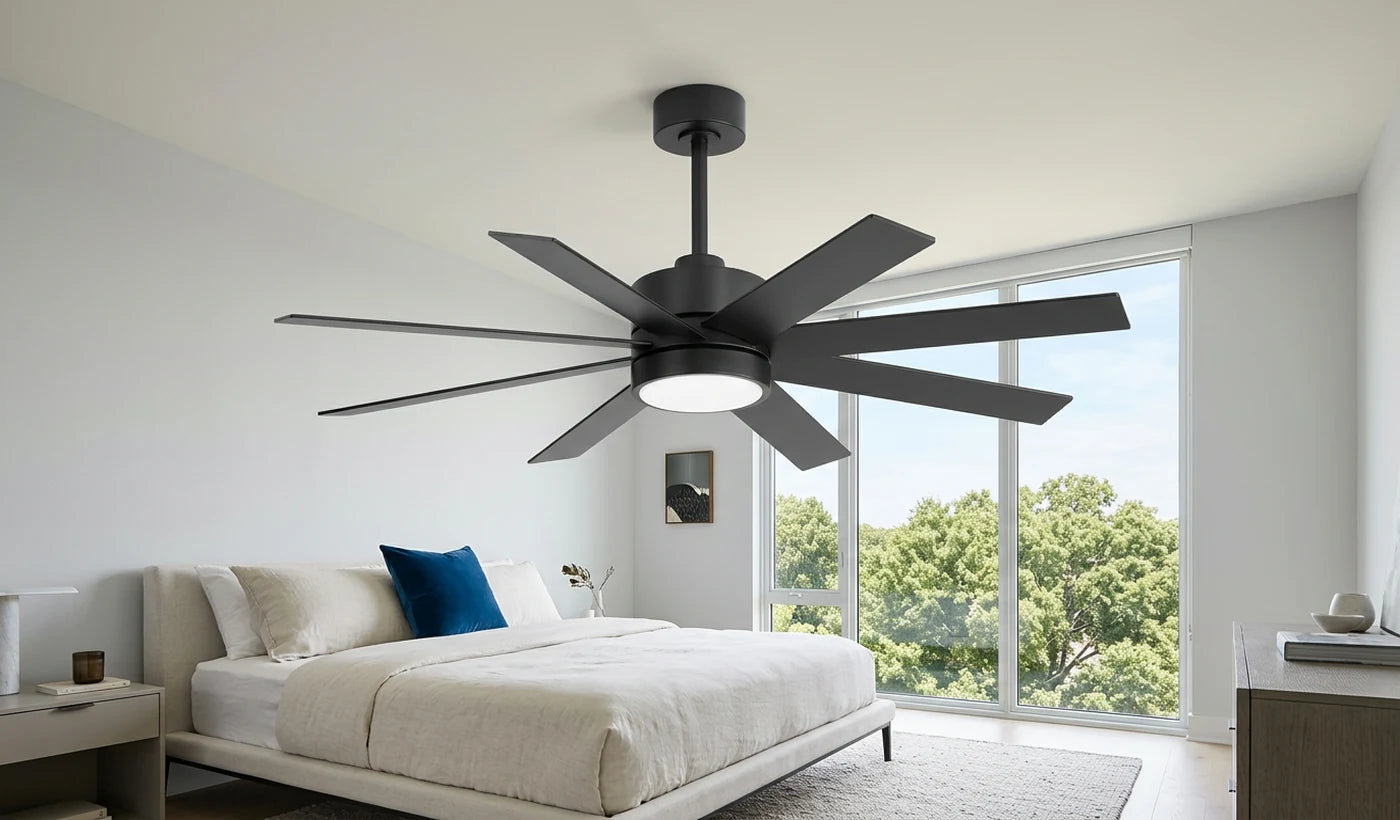 Breezary 40042-BK 52 inch ceiling fan with light showing its actual mounting canopy, original downrod and complete installed height