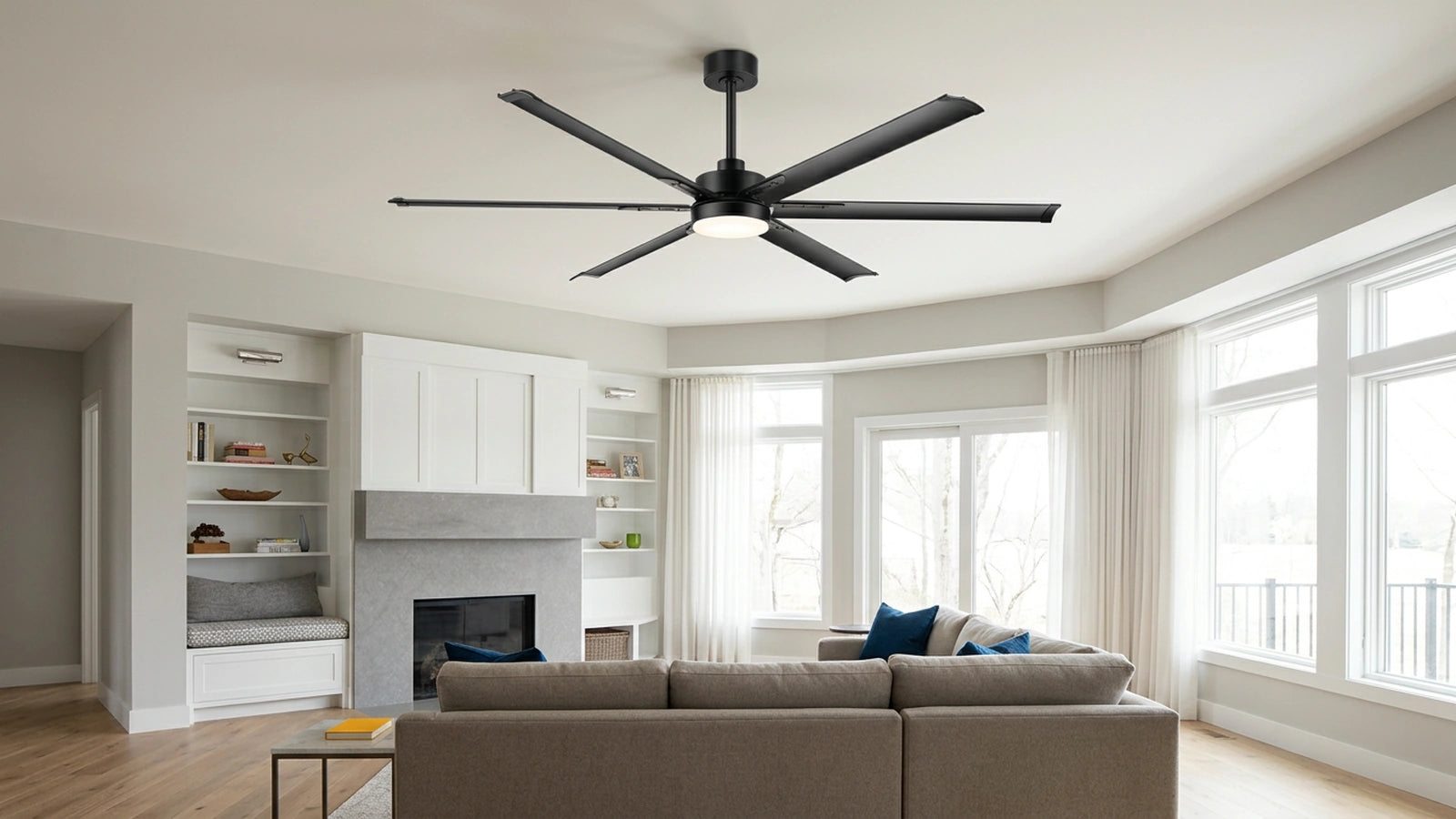Breezary aluminum blade ceiling fan with light installed in a large residential living room