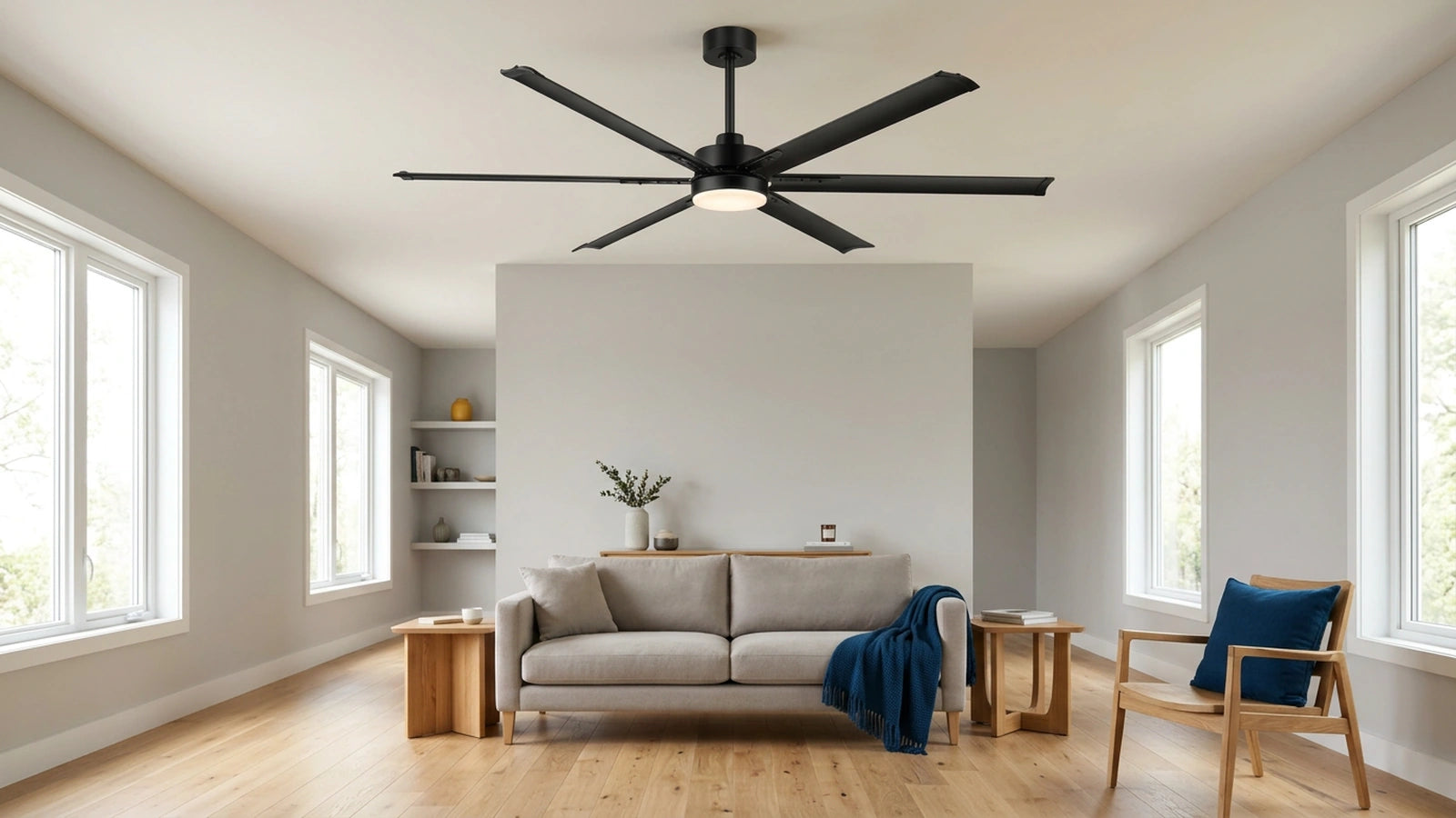 aluminum blade ceiling fan with light installed in a large modern residential room for buying comparison