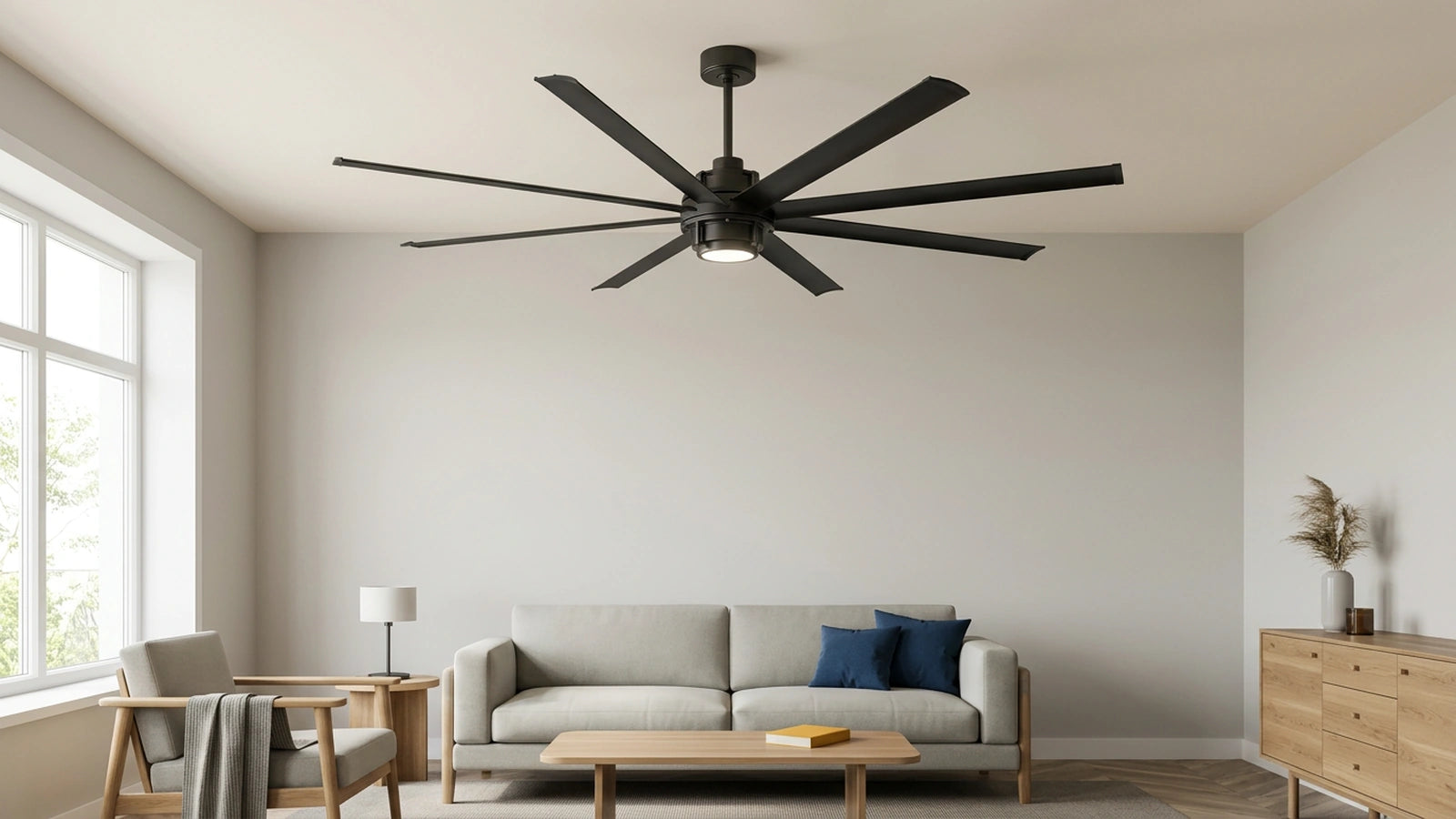 aluminum blade ceiling fan with integrated LED light and remote control in a modern living room