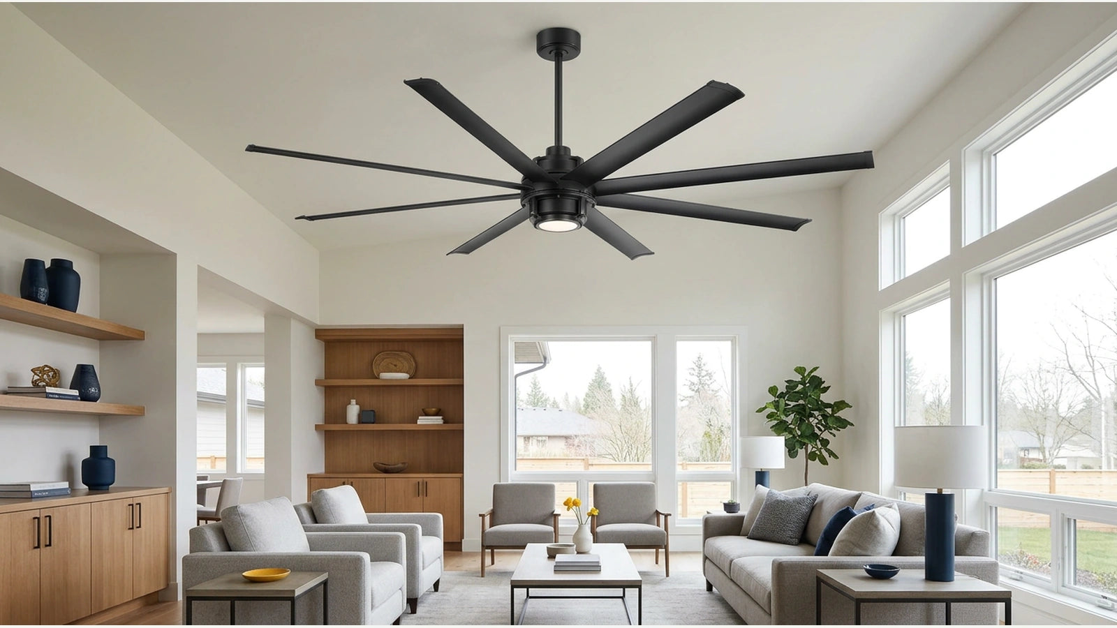 72 inch aluminum blade ceiling fan with light installed by downrod in a spacious high ceiling living room