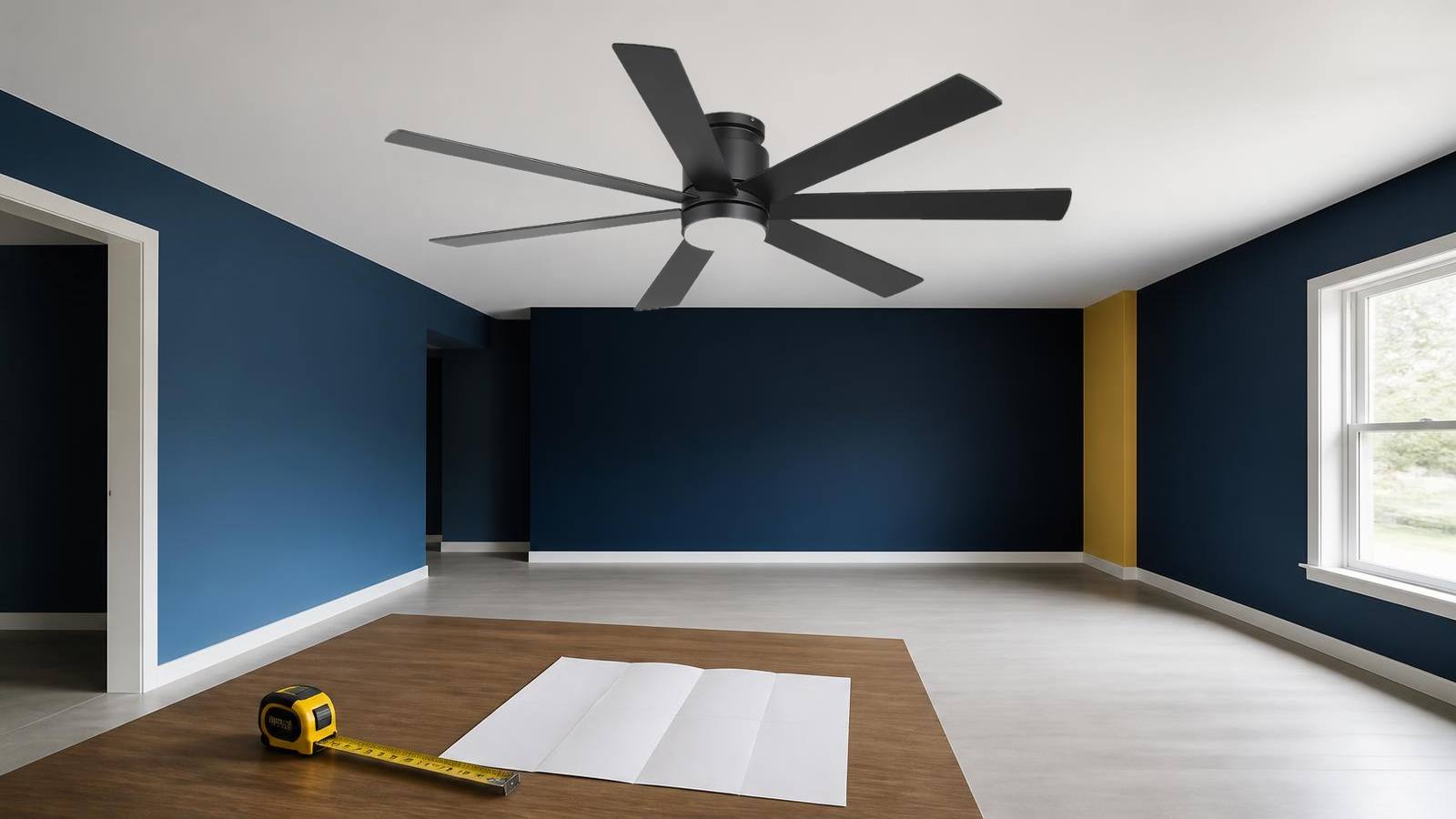 Large flush mount ceiling fan installed on a flat indoor ceiling with installation measurements being checked