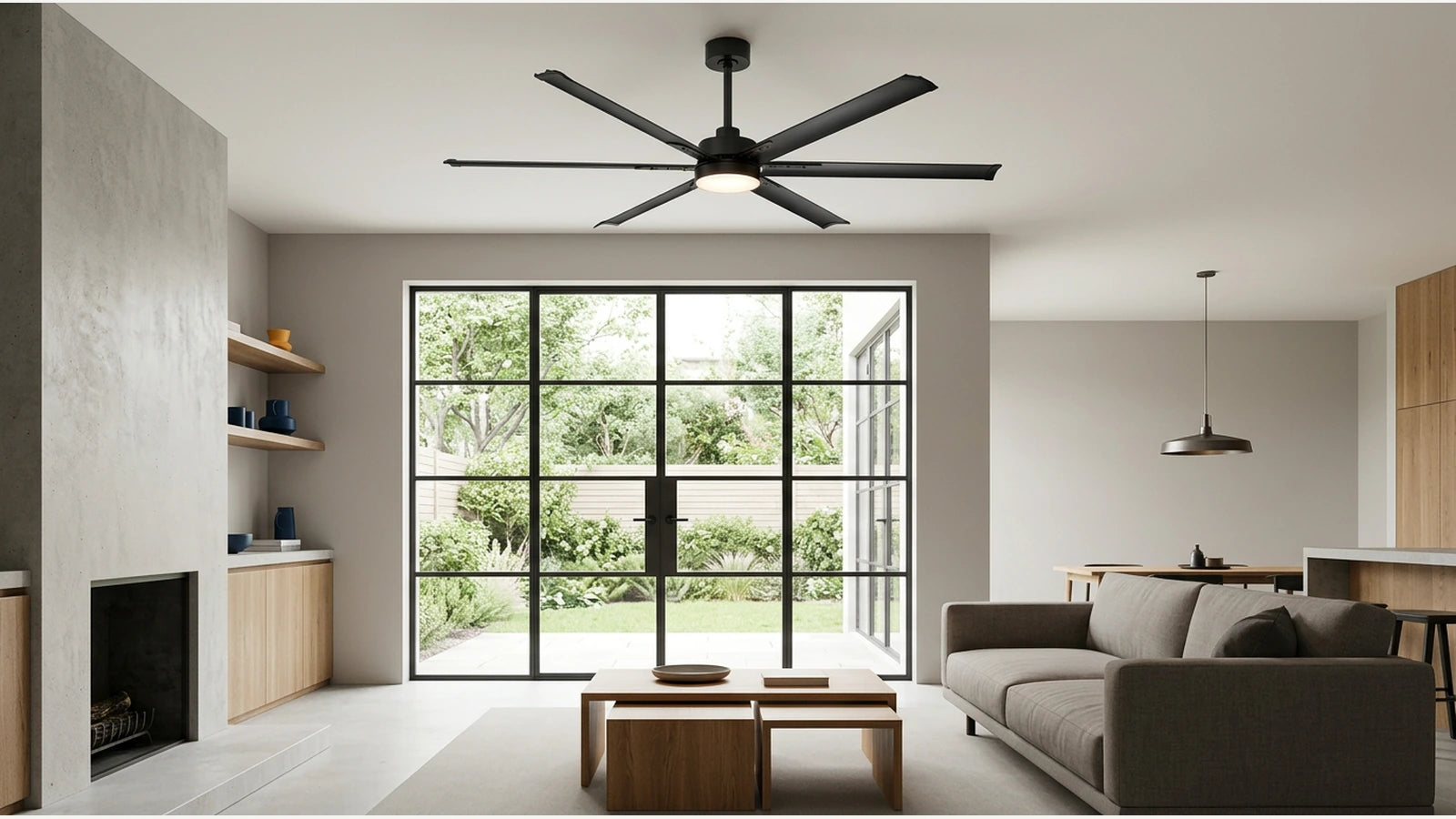 modern black aluminum blade ceiling fan with light in a contemporary residential interior