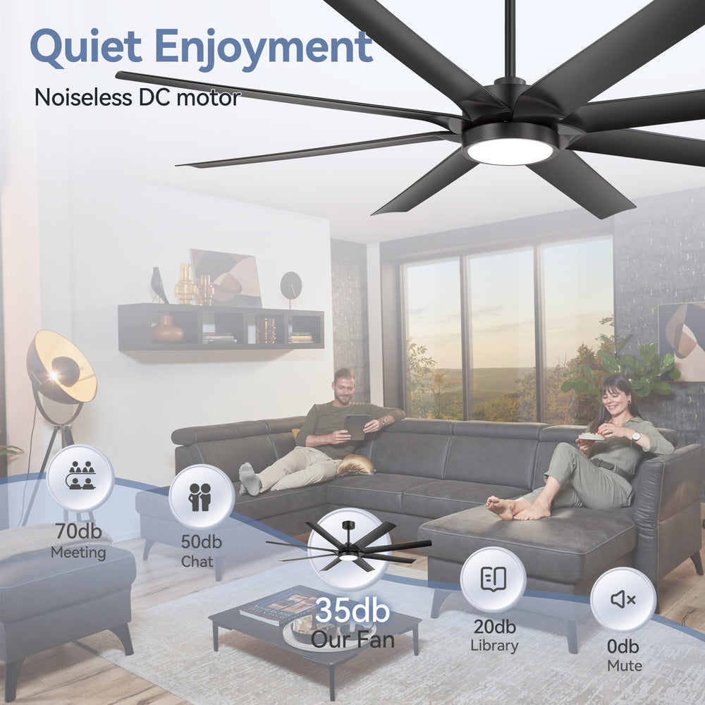 Breezary 72" 8-Blade Silent DC Motor Industrial Ceiling Fan with Integrated LED Light - Black