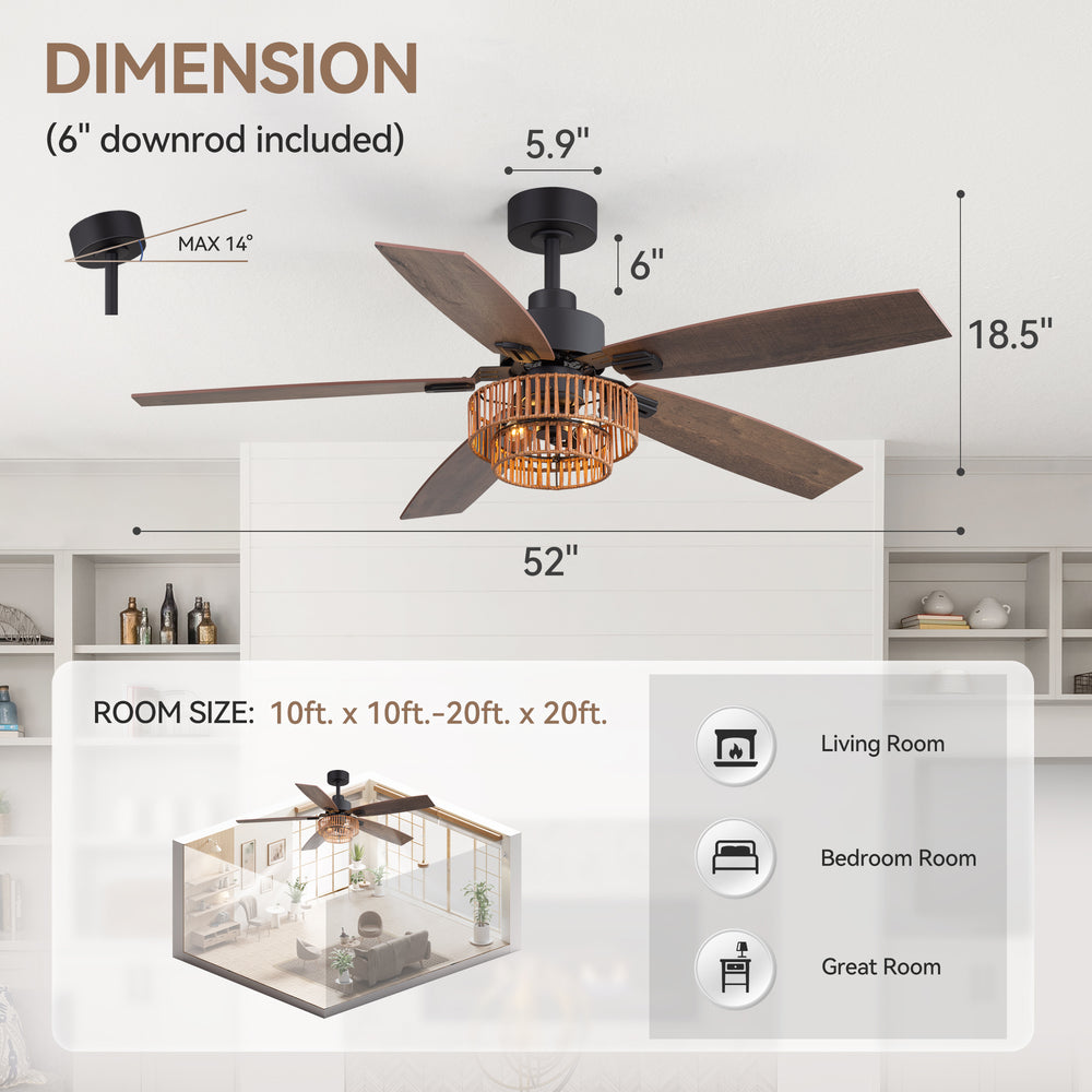 52-inch Farmhouse Ceiling Fan with Light, 5 Dual-Finish Reversible Plywood Blades, Quiet Energy-Saving DC Motor, E12 Bulb Base, 6-Speed Remote Control with Timer, Forward/Reverse Rotation, and 6" Downrod Included