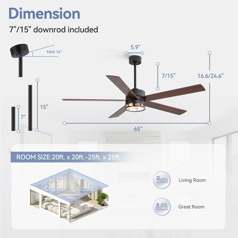 Farmhouse 65-inch Ceiling Fan with Light and Remote, Matte Black Finish, 5 Reversible Blades(Dark Wood Grain & Light Wood Grain), 6-Speed Quiet DC Motor, Dual Downrods (7" & 15"), Glass Lampshade, 2 × E26 Base LED Bulbs Required