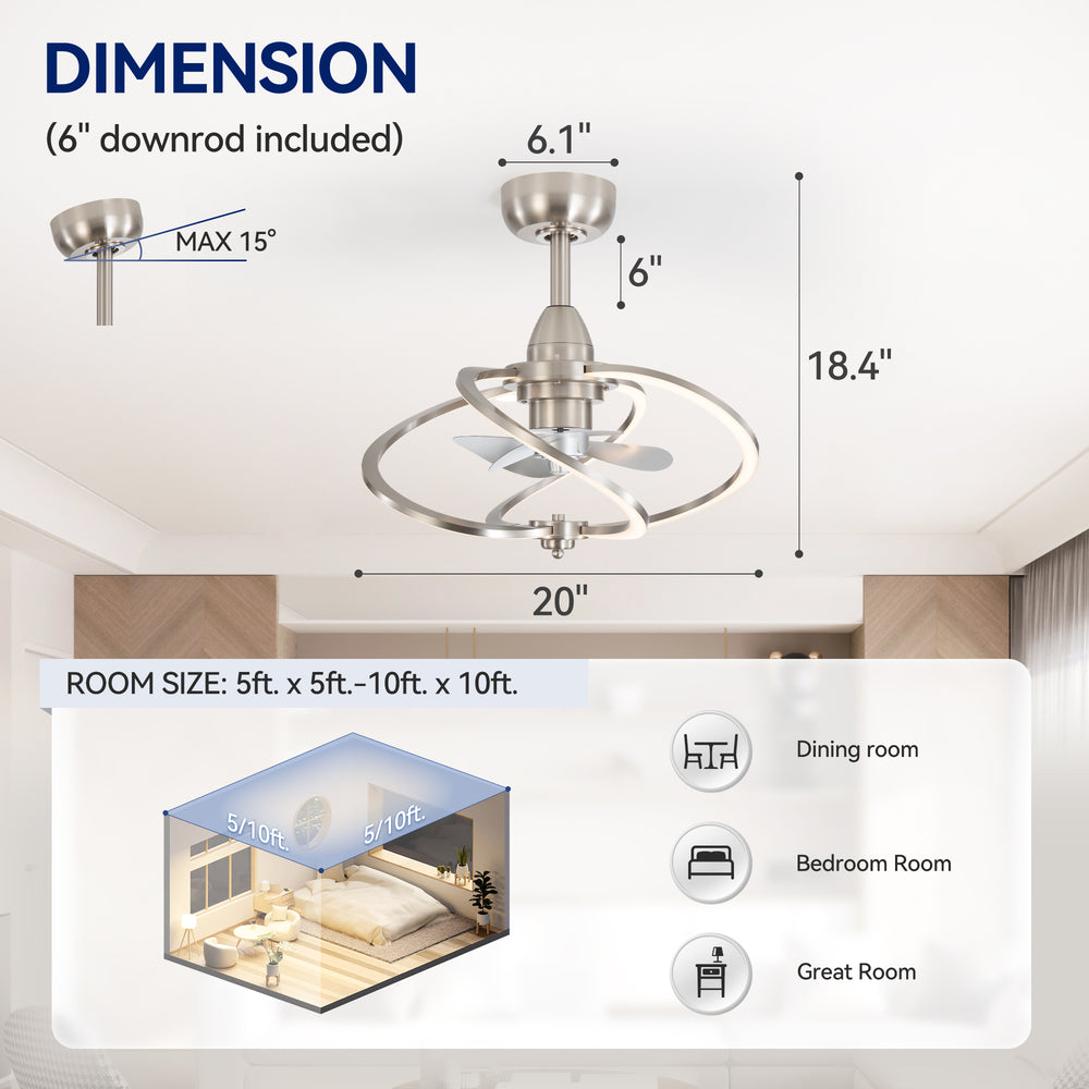 20-inch Modern 3-Blade Dimmable LED Ceiling Fan with Light Kit and Remote,6" downrod Included