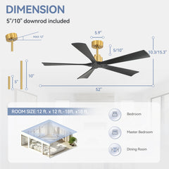 52in Ceiling Fan with Remote without Light（5 Solid Wood Blades）,5in and 10in Downrod Included