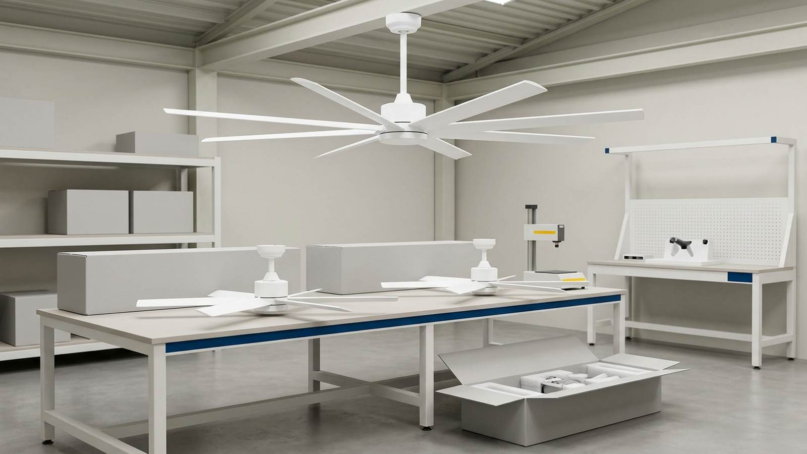 Factory-direct large white ceiling fans prepared for single-unit and small-batch projects