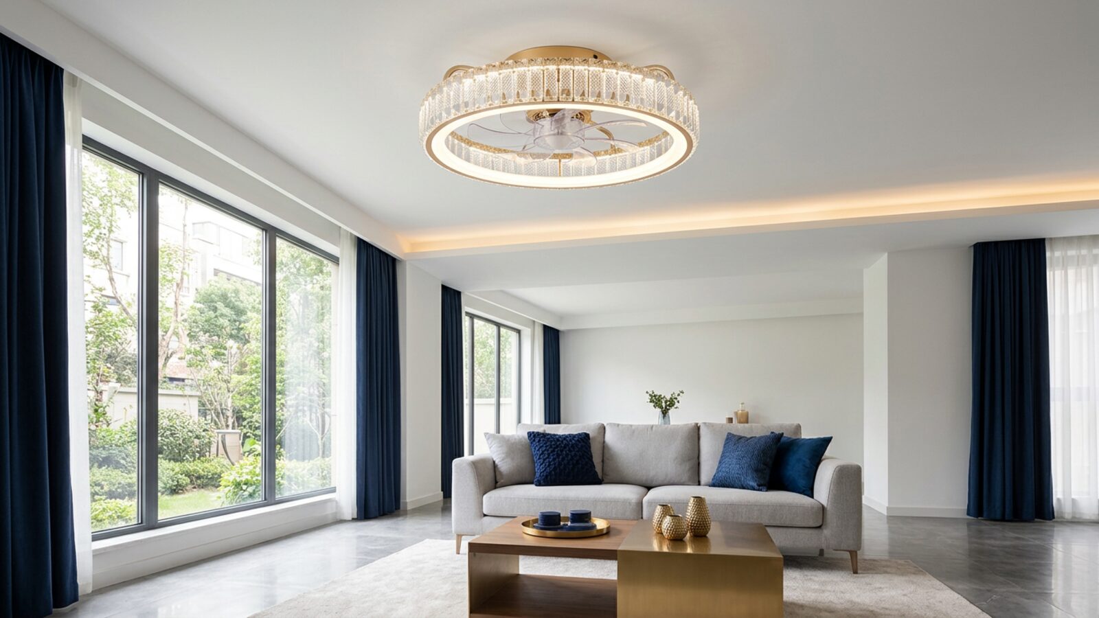 Breezary 33001-GD round enclosed ceiling fan installed in a modern indoor room
