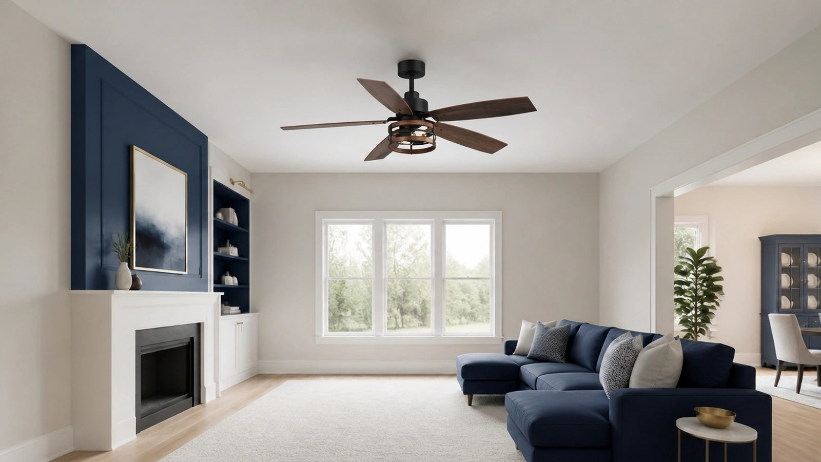 Breezary 29018-BK large caged ceiling fan showing full-size exposed blades around its central cage light
