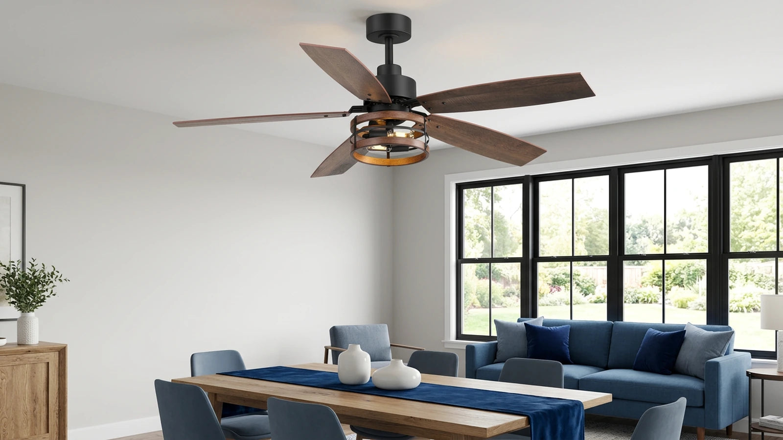 Breezary 29018-BK large farmhouse caged ceiling fan with light in a coordinated interior
