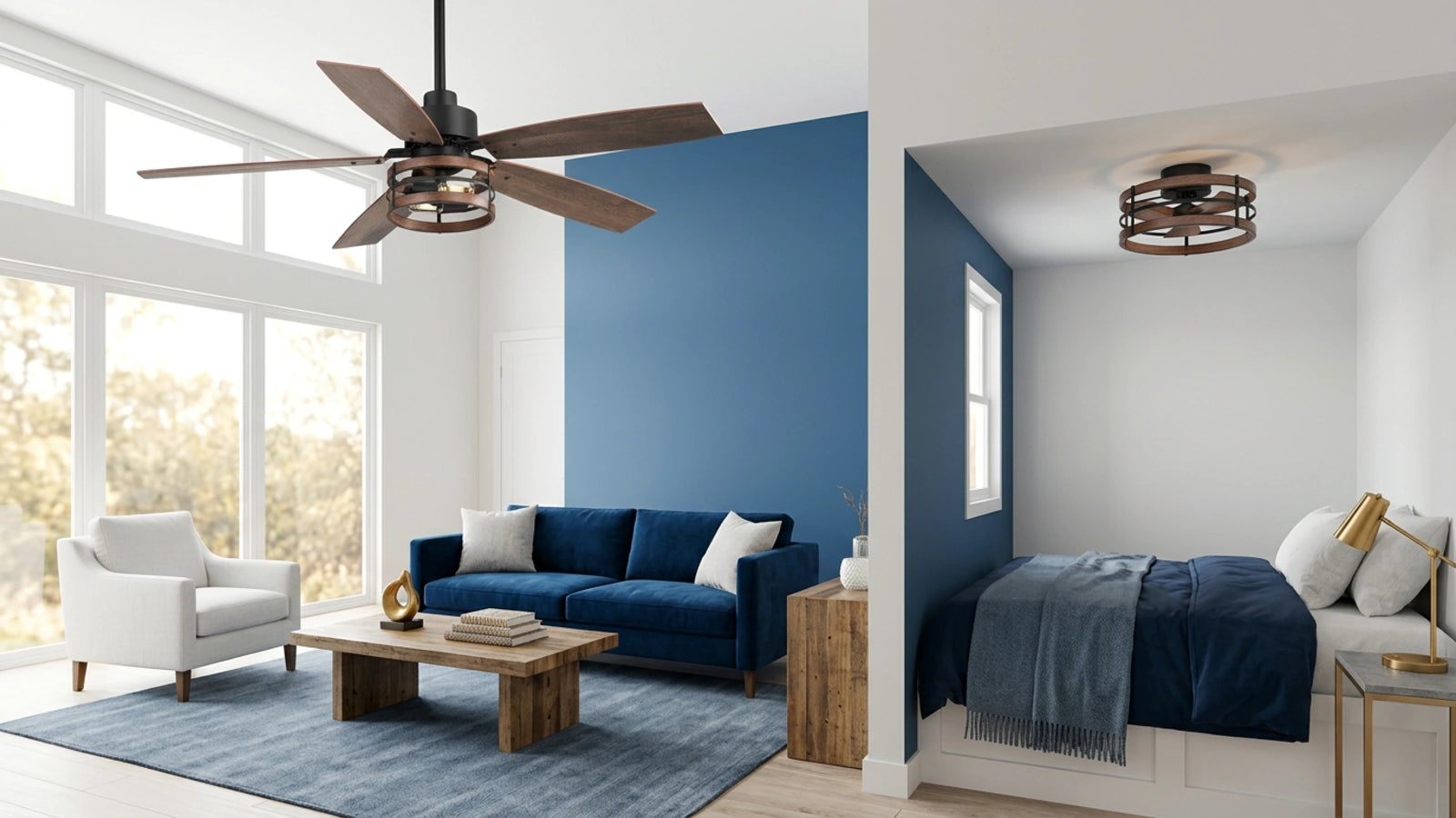 Comparison of Breezary 29018-BK full-size caged ceiling fan and 33005-BK compact enclosed caged fan