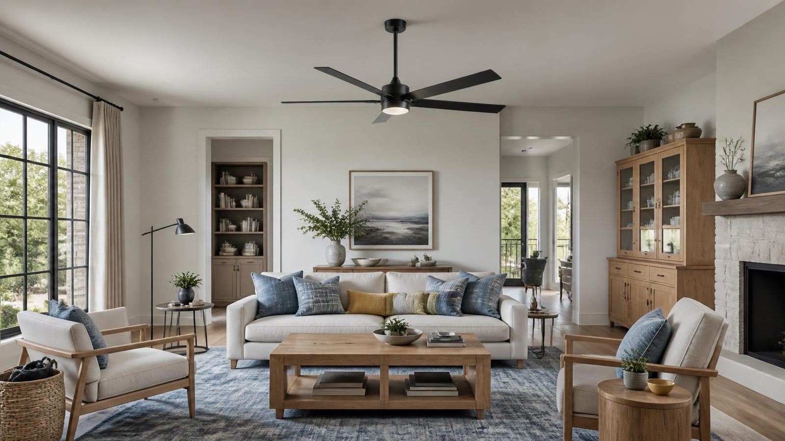 Large modern ceiling fan coordinated with living room furniture and finishes