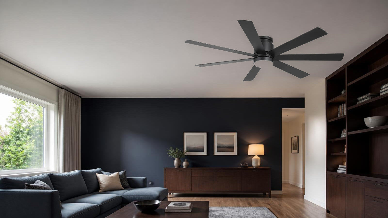 Breezary 40043-BK large flush mount ceiling fan installed close to a flat ceiling