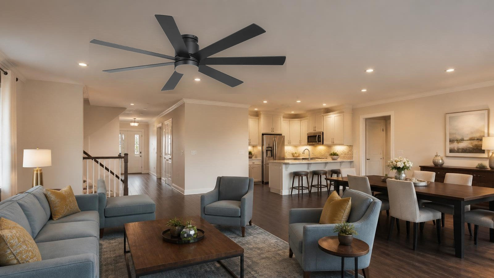 Breezary 40043-BK large flush mount ceiling fan in an open-plan indoor room