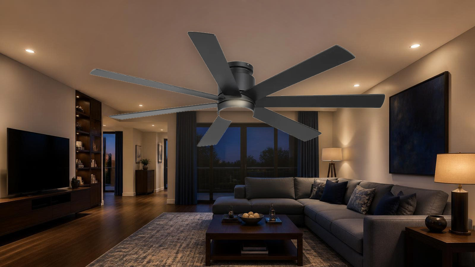 Breezary 40043-BK large flush mount ceiling fan with its integrated light illuminated