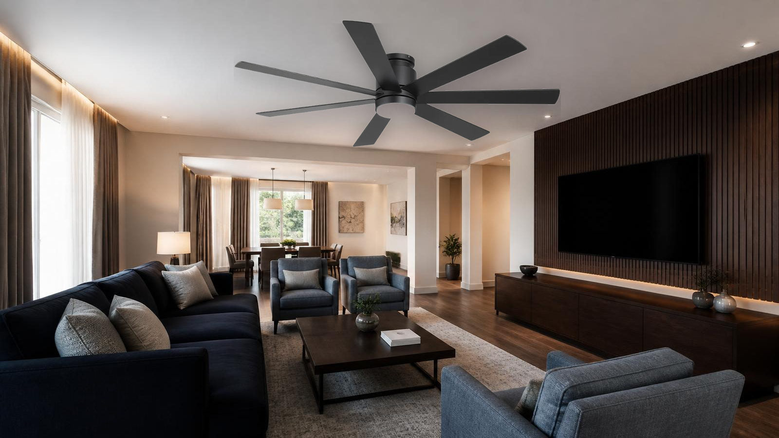 Breezary 40043-BK large flush mount ceiling fan in a spacious living room