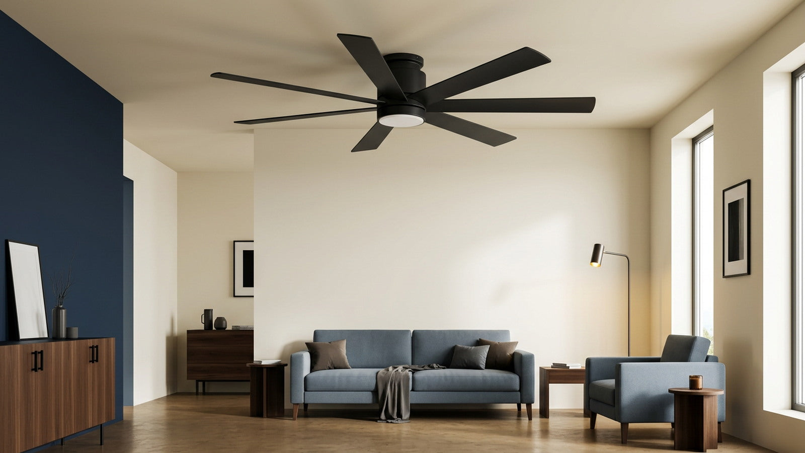 Close view of Breezary 40043-BK large flush mount fan blades and motor housing
