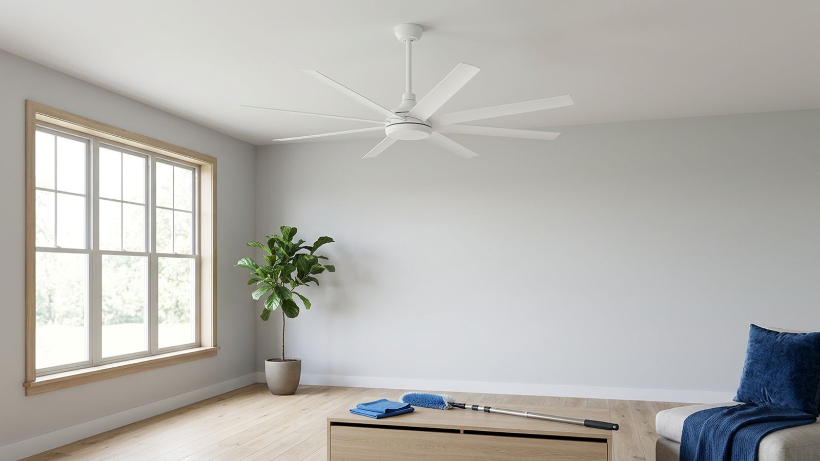 Large white ceiling fan prepared for indoor installation and finish care
