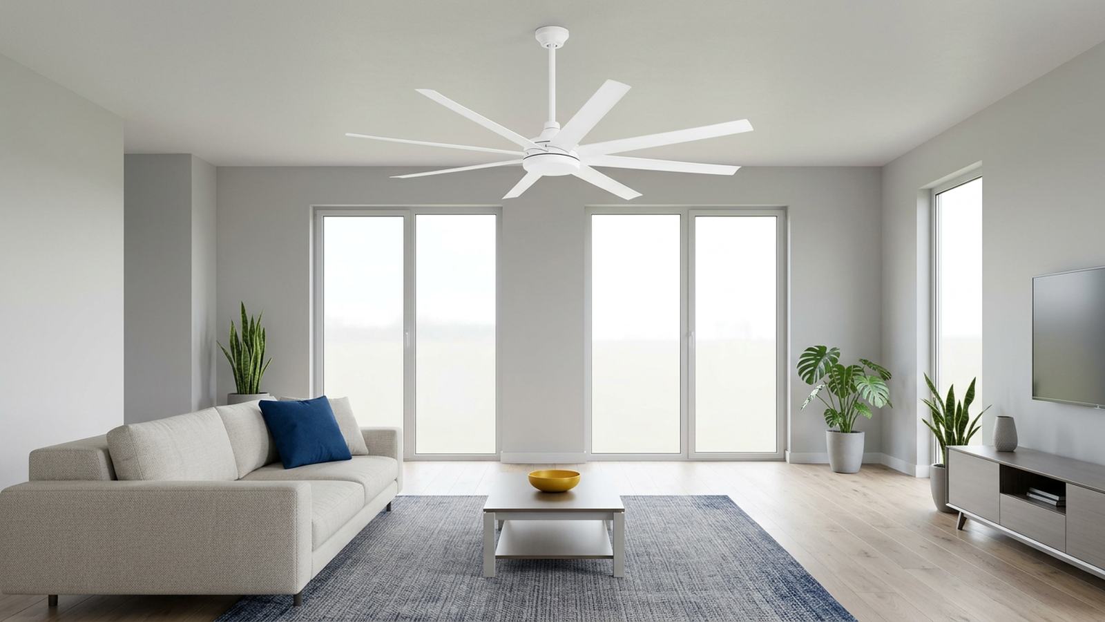 Large white ceiling fan used to compare airflow and DC motor specifications