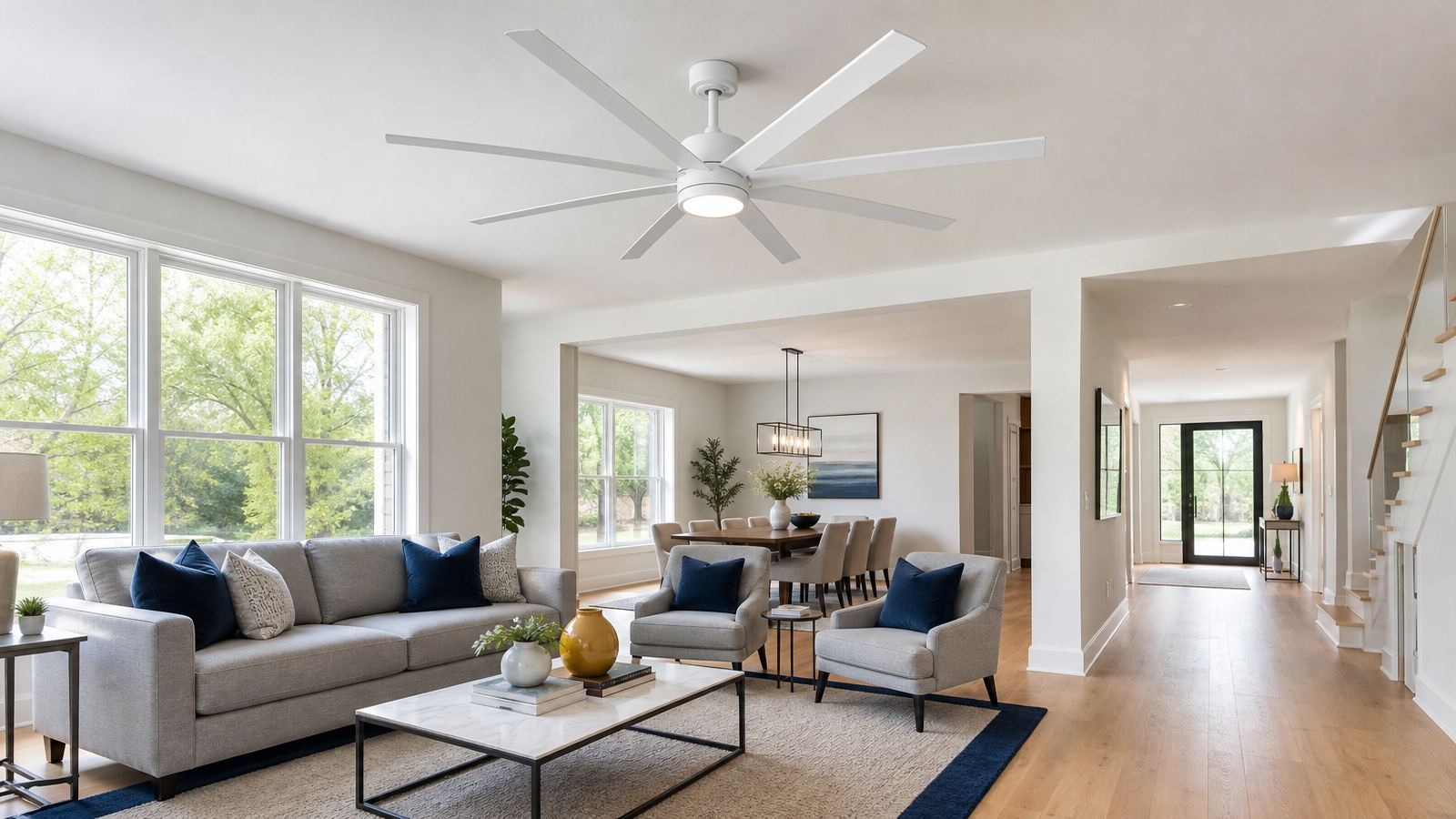 Large white ceiling fan in an open-concept indoor space