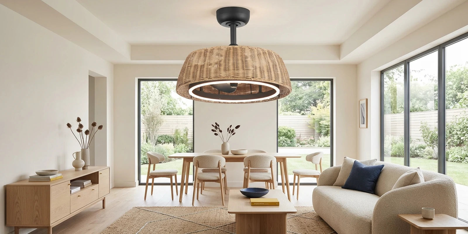 Modern boho ceiling fan with woven rattan detail in a clean contemporary interior