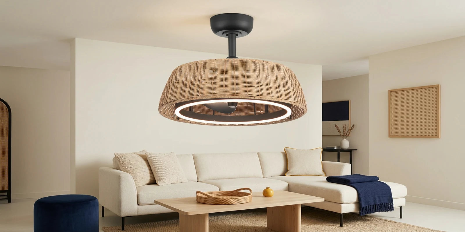 Modern boho ceiling fan with woven rattan detail and clean black hardware in a contemporary interior