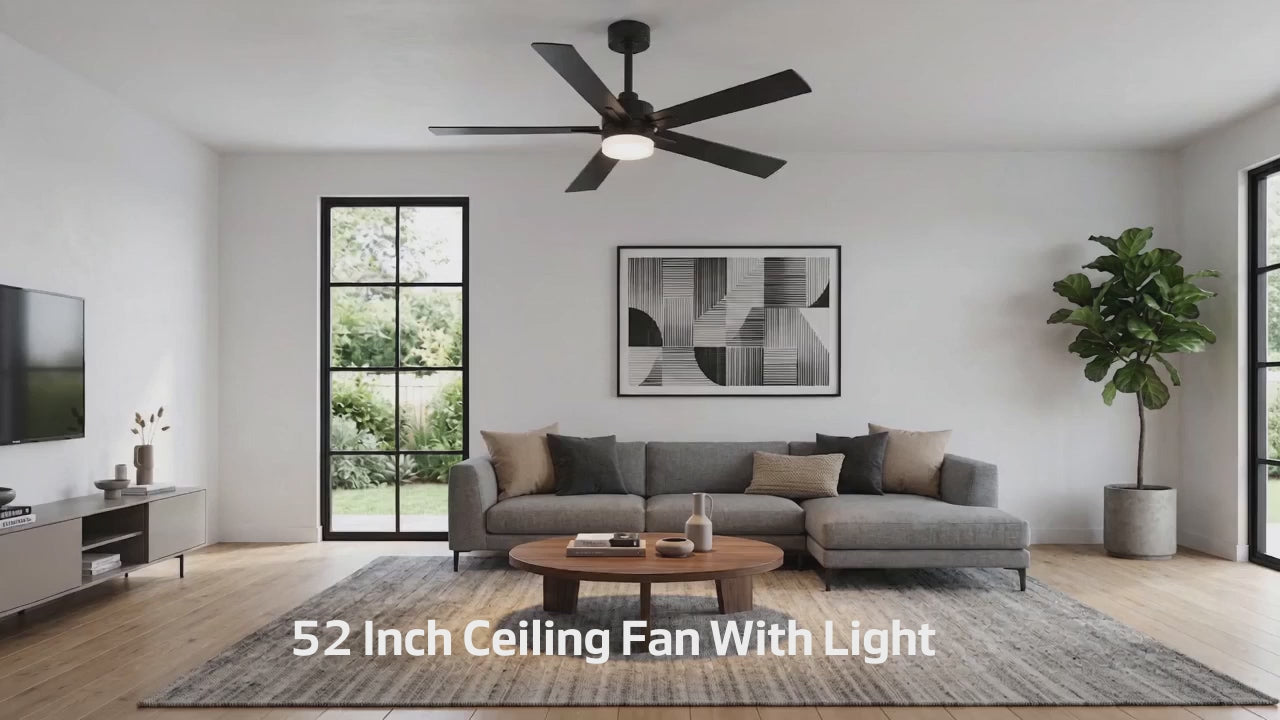 52" Modern Ceiling Fan with Light, Matte Black Finish, 5 Reversible Blades, Double Acrylic Lampshade with Integrated 18W LED (3 Color Temps & Memory), Quiet DC Motor, 6 Speeds with Timer, Remote, Forward/Reverse Airflow, Includes 5" & 10" Downrods