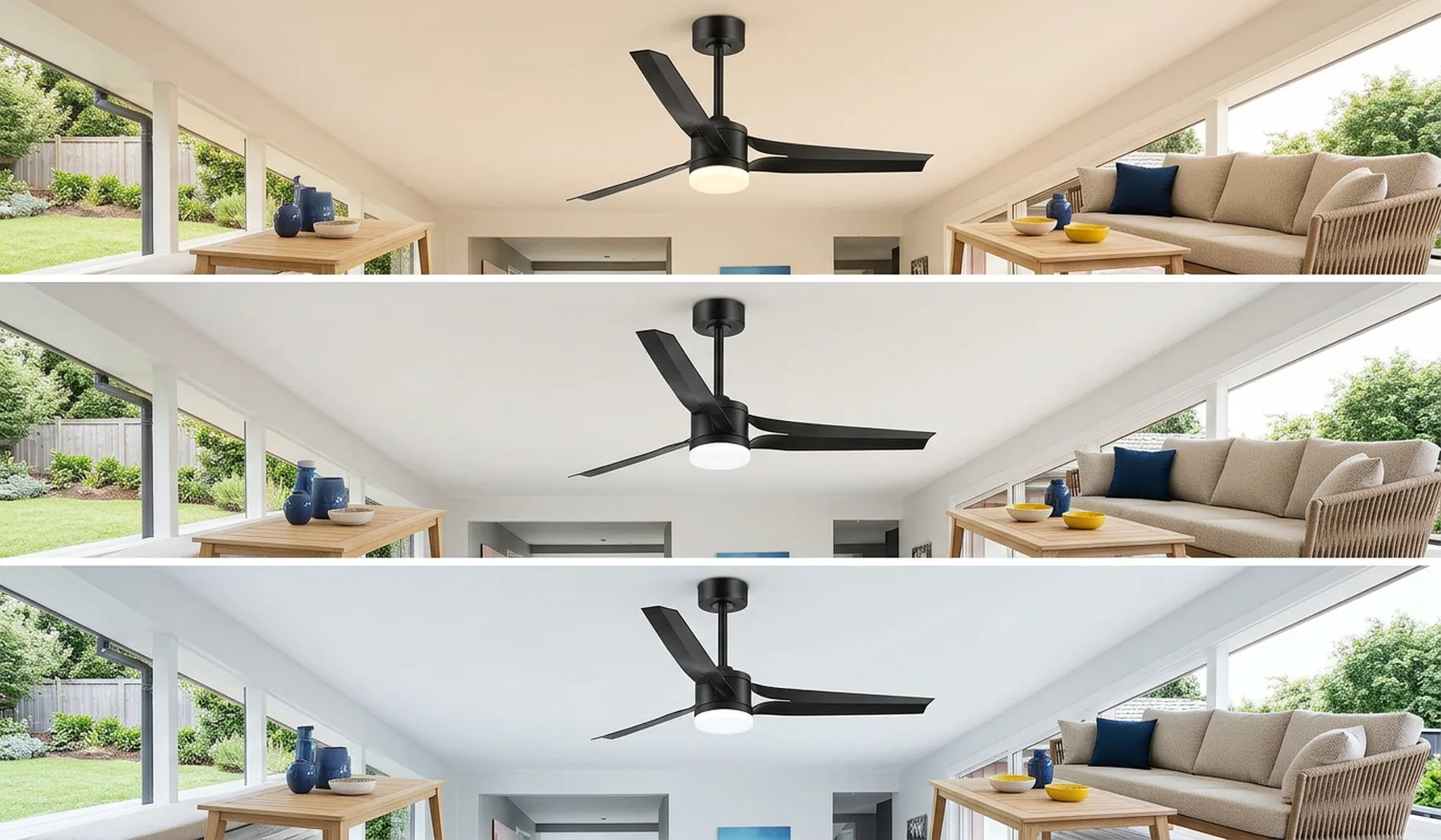 Breezary propeller ceiling fan with integrated dimmable LED light and selectable color temperatures