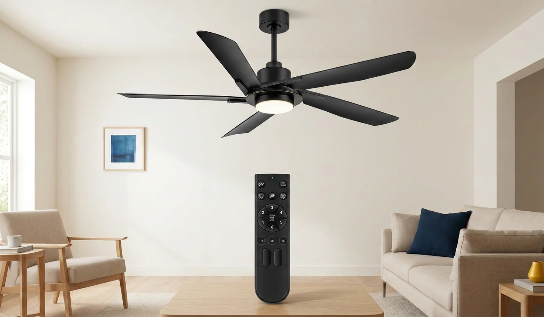 Breezary propeller ceiling fan with light, remote control, DC motor and reversible operation