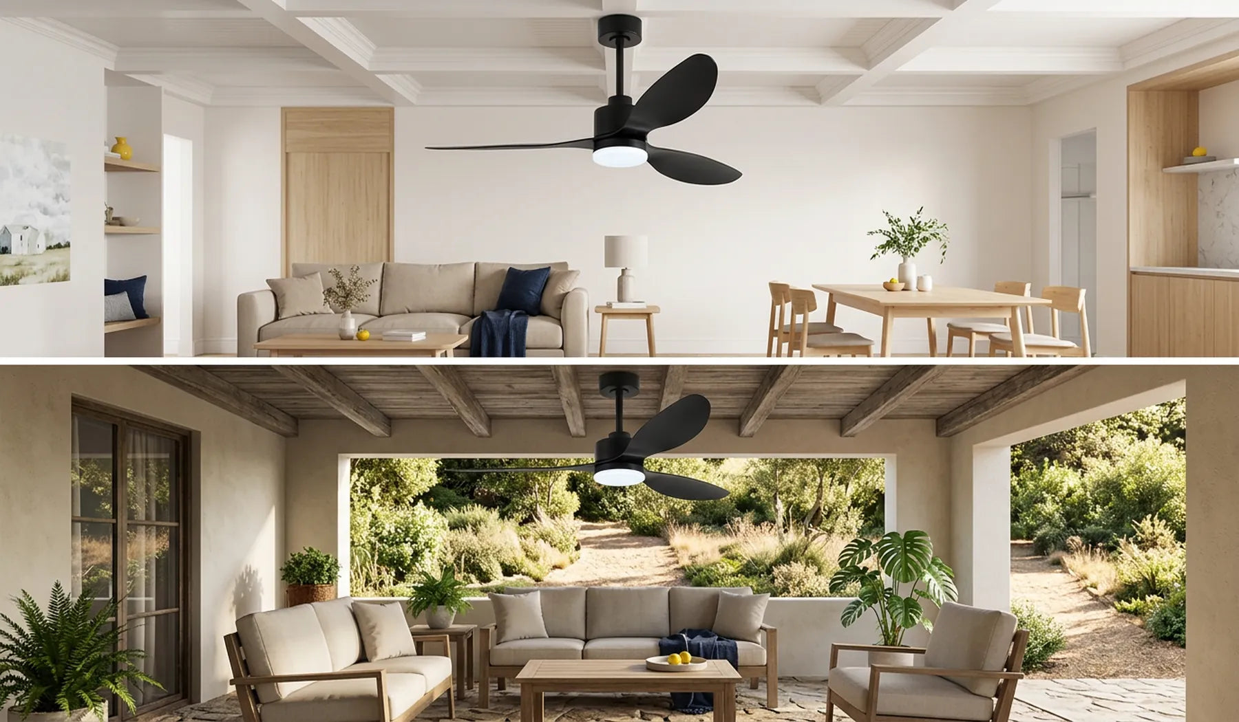 Breezary propeller ceiling fans with lights installed in indoor living and covered outdoor residential spaces