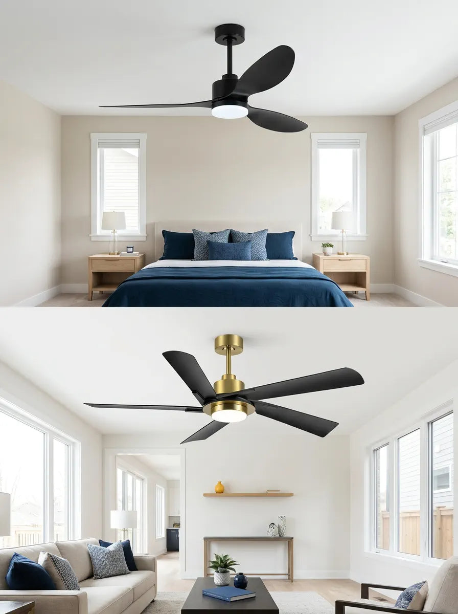 Breezary 52-inch and 60-inch propeller ceiling fans shown in residential rooms for size comparison