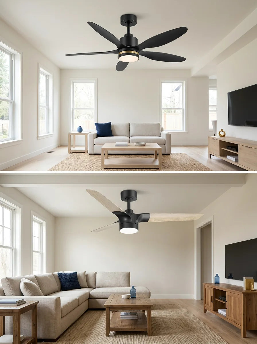 Breezary black gold and wood grain propeller ceiling fans shown in modern and warmer residential interiors