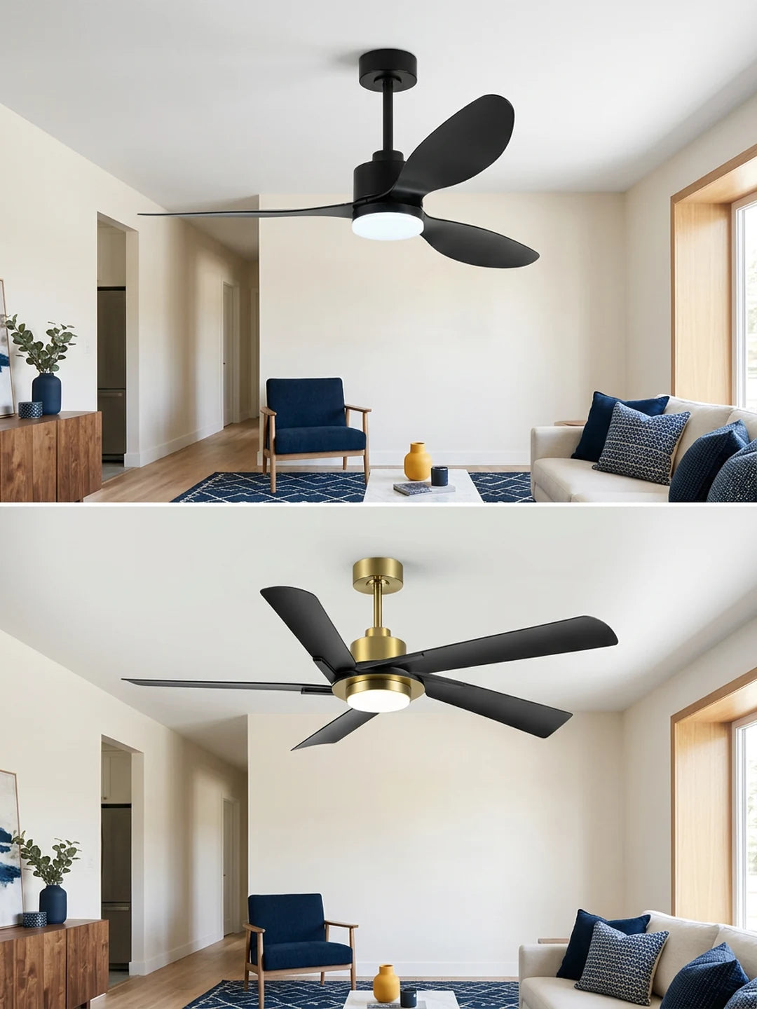 Breezary three-blade and five-blade propeller ceiling fans shown for blade-count comparison