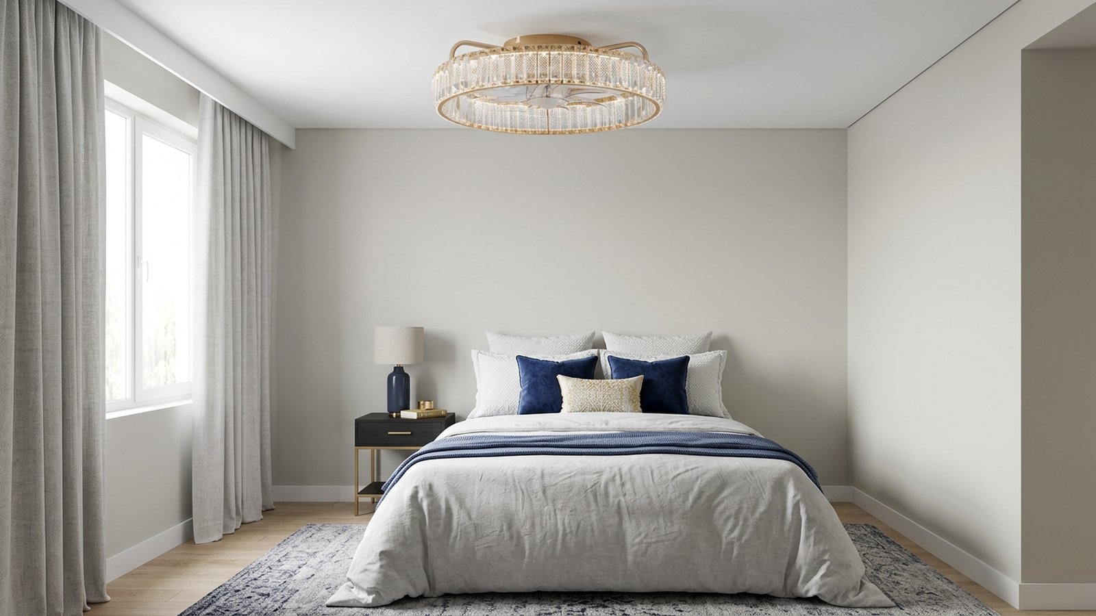 Breezary 33001-GD enclosed ceiling fan installed in a modern bedroom