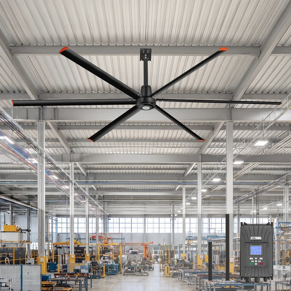 Breezary commercial HVLS ceiling fan installed inside an industrial facility