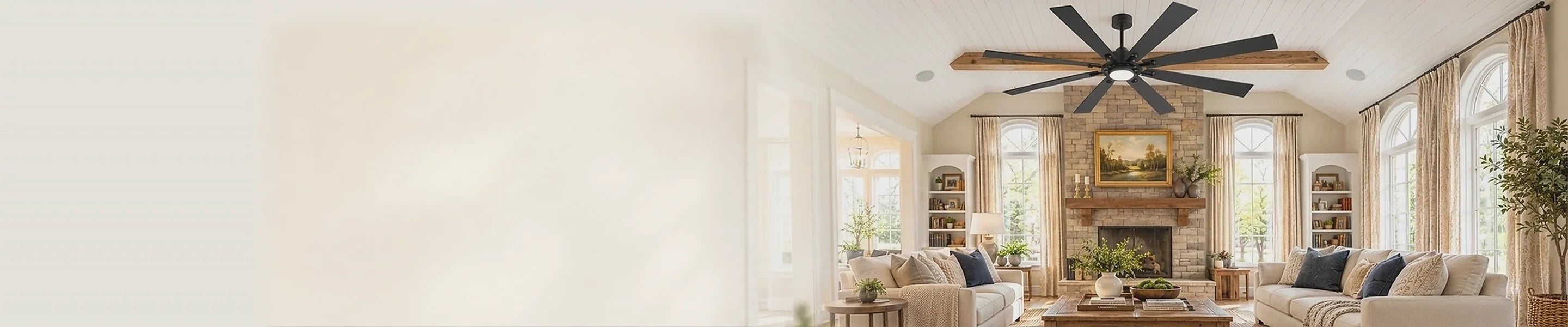 Large black ceiling fan installed in a modern farmhouse living room